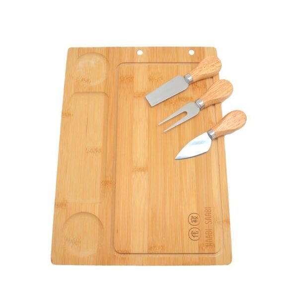 Waabi-Saabi Bamboo Cheese Board with Knives Set, a Perfect Serving Platter for Meat,Cheese,Crackers& Wine All Natural Bamboo with 3 Stainless Steel Cheese Knives and Server