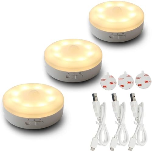 Wobane Rechargeable Motion Sensor Light 1000Mah Led Puck Lights, Stick Anywhere Light, Cordless Closet Light, Automatic Under Cabinet Lighting For Counter,Pantry,Stairs,Warm White 3 Pack-Plastic