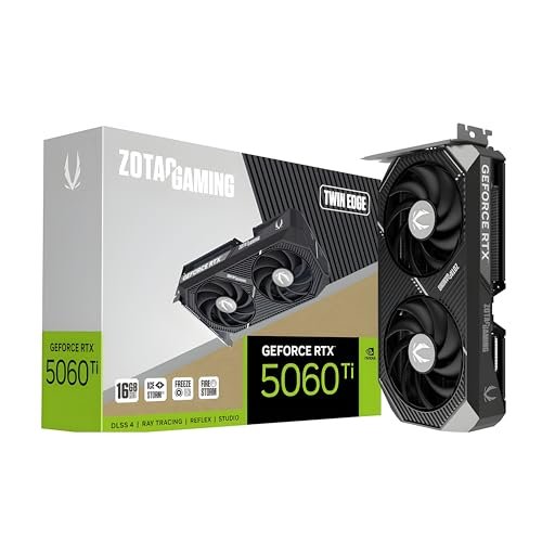 ZOTAC Gaming Geforce RTX 5060 Ti Twin Edge Graphics Card - Black | 16 GB | DLSS 4 | GDDR7 | 128 Bit | Icestorm 2.0 Advanced Cooling | Dual Fan | SFF Ready | ZT-B50620E-10M