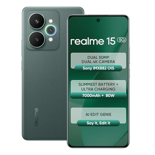 realme 15 5G Smartphone 8+128GB Green,144Hz HyperGlow 4D Curve Display,7000mAh Battery,80W SuperVOOC,Dual 50MP 4K Cameras,Dimensity 7300+ Chipset,IP69