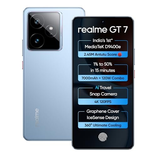 realme GT 7 (IceSense Blue,12GB+256GB) | India's 1st MediaTek Dimensity 9400e Chipset | Strongest Battery Combo 7000mAh + 120W | AI 4K 120FPS Travel Camera | 360° Cooling IceSense Design with Graphene