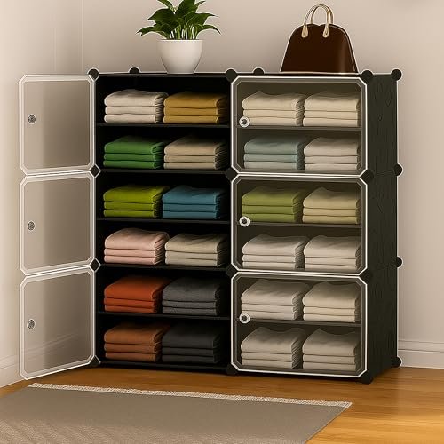 AYSIS Portable Collapsible Wardrobe for Clothes Storage 𝟏𝟐 𝐒𝐡𝐞𝐥𝐟 & 𝟔 𝐃𝐨𝐨𝐫𝐬 – Cloth Organizer Cupboard/Multipurpose Storage/Closet for Bedroom/Living Room/Laundry Room - 𝐁𝐥𝐚𝐜𝐤