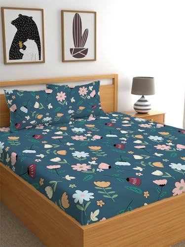 LOOMLYFE 300 TC Cotton Feel Glace Cotton Elastic Fitted Printed King Size Double Bed Bedsheet with 2 Pillow Covers Fits Upto 8 inches Mattress, Size- 72X78 Inches, Blue multiflower