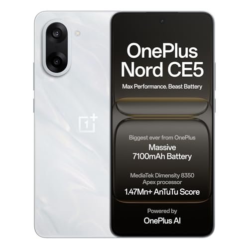 OnePlus Nord CE5 | Massive 7100mAh Battery | MediaTek Dimensity 8350 Apex | Powered by OnePlus AI | 8GB + 128GB | Marble Mist