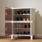 4 Shelf White Shoe Rack for Home with Brown Doors, Hard PET Plastic with Metal Door Frame, Shoe Chappal Slipper Sandals Stand