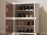 4 Shelf White Shoe Rack for Home with Brown Doors, Hard PET Plastic with Metal Door Frame, Shoe Chappal Slipper Sandals Stand