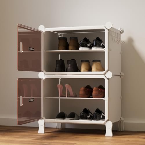 4 Shelf White Shoe Rack for Home with Brown Doors, Hard PET Plastic with Metal Door Frame, Shoe Chappal Slipper Sandals Stand
