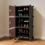 6 Shelf Black Shoe Rack for Home with 3 Brown Doors, Hard PET Plastic with Metal Door Frame, Shoe Chappal Slipper Sandals Stand