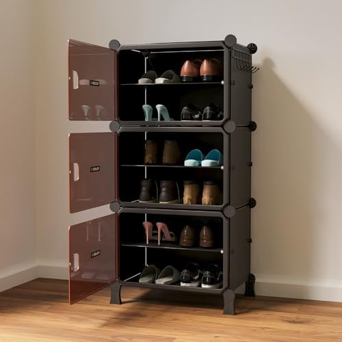 6 Shelf Black Shoe Rack for Home with 3 Brown Doors, Hard PET Plastic with Metal Door Frame, Shoe Chappal Slipper Sandals Stand