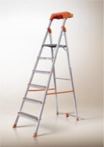 6 Step Foldable Aluminium Step Ladder with Tool Tray and Build in Bucket Holder for Home Use, Lightweight and Anti-Slip Multipurpose 250 Kg Load Bearing with 5-Year Warranty