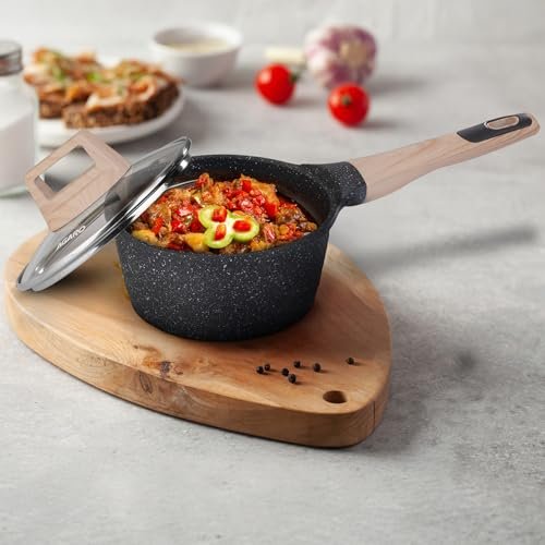 AGARO Imperial Granite Non Stick Sauce pan with Glass Lid, 1.5L / 16cm, Cast Aluminium Body, Gas & Induction Compatible, Dark Grey.