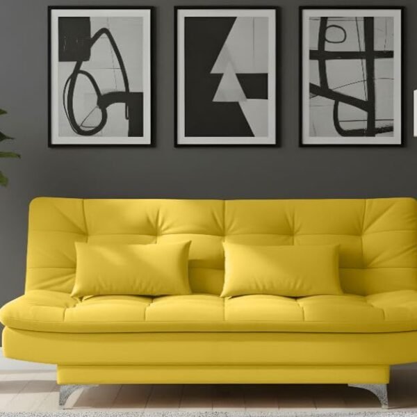 AMATA Eagle 3 Seater Sofa Cum Bed Yellow Suede Velvet Fabric with Two Cushions Perfect for Home Living Office Room and Guests (Yellow, Medium)(3 Year Warranty)
