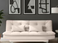 AMATA Eagle Solid Wood 3 Seater Sofa Cum Bed Cream Suede Velevt Fabric with Two Cushions Perfect for Home Living Office Room and Guests (Cream, Medium)(3 Year Warranty)