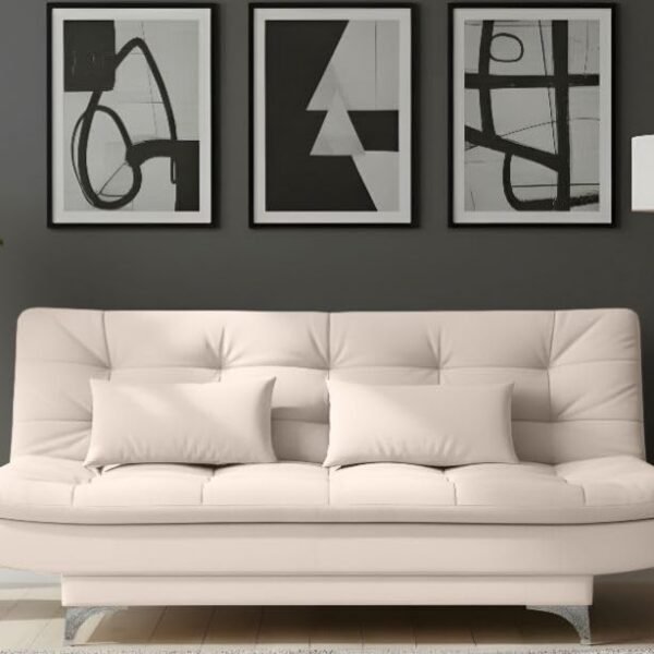 AMATA Eagle Solid Wood 3 Seater Sofa Cum Bed Cream Suede Velevt Fabric with Two Cushions Perfect for Home Living Office Room and Guests (Cream, Medium)(3 Year Warranty)