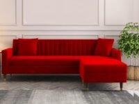AMATA Elegant Solid Wood 4 Seater red Suede Velvet Fabric Sofa with Two Cushions Perfect for Home Office Guests Living Room (L Shape, Red1)(3 Year Warranty)
