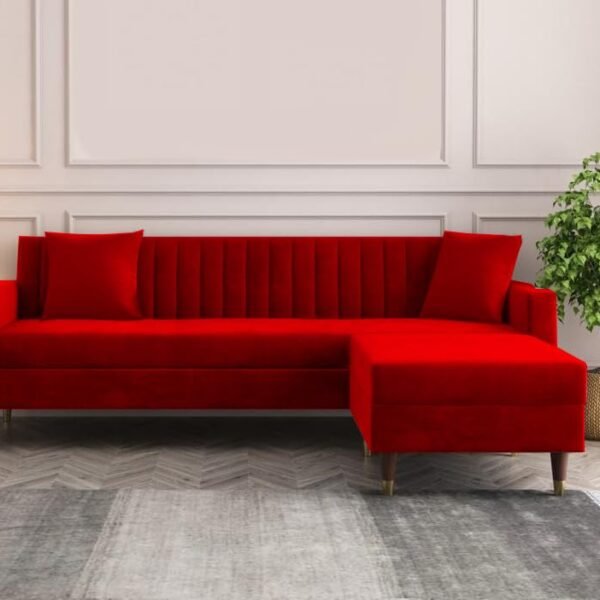 AMATA Elegant Solid Wood 4 Seater red Suede Velvet Fabric Sofa with Two Cushions Perfect for Home Office Guests Living Room (L Shape, Red1)(3 Year Warranty)