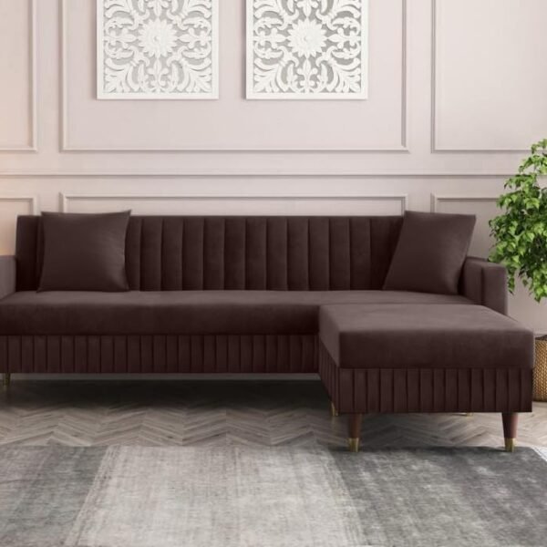 AMATA Omega Solid Wood 4 Seater L Shape Brown Suede Velvet Fabric Sofa Set with Two Cushions Perfect for Home Office Guests Living Room (Brown 04, Omega L Shape 4 Seater)(3 Years Warranty)