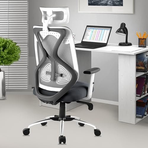 ASTRIDE Ergofit Ergonomic Office Chair for Home | 3-Years Warranty | 2D Headrest, Adjustable Arms & Lumbar Support | Tilt Lock Mechanism [Heavy Duty Chromium Metal Base, Grey-White]