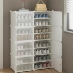 AYSIS Plastic Shoe Rack for Home | 𝟏𝟔 𝐒𝐡𝐞𝐥𝐟 Shoe Rack with Door 𝐌𝐚𝐠𝐧𝐞𝐭𝐬 for Home Storage Plastic Box Organizer, Metal Door Frame, Chappal Slipper Sandals Stand (White, 16-Shelf-8-Door)