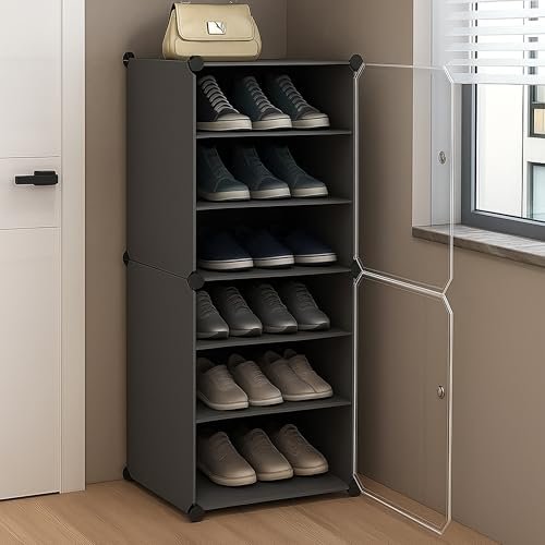 AYSIS Plastic Shoe Rack for Home | 𝟔 𝐒𝐡𝐞𝐥𝐟 DIY Shoe Rack with Door for Home Storage Plastic Box Organizer, Metal Door Frame, Chappal Slipper Sandals Stand (Grey, 6-Shelf-2-Door)
