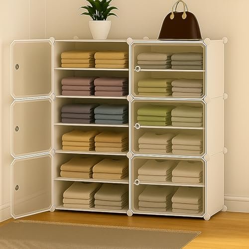 AYSIS Portable Collapsible Wardrobe for Clothes Storage 𝟏𝟐 𝐒𝐡𝐞𝐥𝐟 & 𝟔 𝐃𝐨𝐨𝐫𝐬 – Cloth Organizer Cupboard/Multipurpose Storage/Closet for Bedroom/Living Room/Laundry Room - 𝐖𝐡𝐢𝐭𝐞