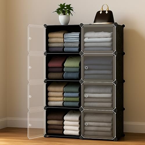 AYSIS Portable Collapsible Wardrobe for Clothes Storage 𝟏𝟔 𝐒𝐡𝐞𝐥𝐟 & 𝟖 𝐃𝐨𝐨𝐫𝐬 – Cloth Organizer Cupboard/Multipurpose Storage/Closet for Bedroom/Living Room/Laundry Room - 𝐁𝐥𝐚𝐜𝐤