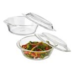 Amazon Brand - Solimo Set of 2 Borosilicate Glass Casserole-Cum-Serving Bowl with Lid | Microwave & Oven Safe| Deep Round | 650 Ml Each| Transparent