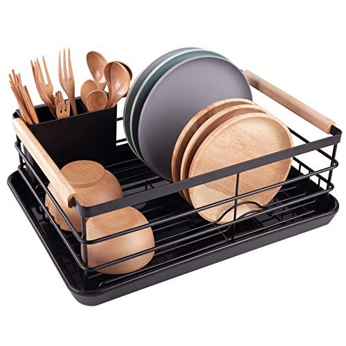 Amazon Brand - Umi Metal (Powder Coated) Dish Drainer Drying Rack Basket with Wooden Handles for Kitchen Utensils Counter Top Dish Drying Rack Plate Stand Bartan Basket Removable Cutlery Holder