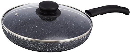 Amazon Solimo Granite Finish Fry Pan with Glass Lid | Induction Base | PFOA Free | High Temperature Resistant Exterior Coating | 22 cm | Grey
