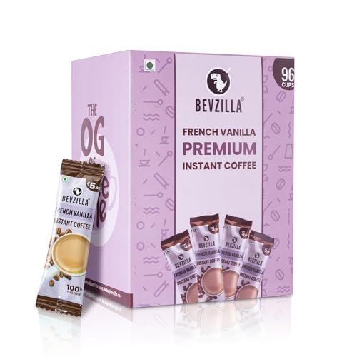 Bevzilla 96 Instant Coffee Powder Sachets (French Vanilla) - 192 Grams |Arabica Coffee|Easy To Carry| Best For Espresso, Latte, Cappuccino |Enjoy Hot & Cold