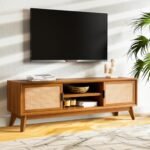 Bme Jasper Premium Solid Wood, 10 Minutes Assembly (Legs Only), Aesthetic Rattan Doors, Mid Century Entertainment Center for Living Room, TV Stand for 65" TV, Dark Chocolate