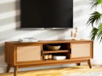 Bme Jasper Premium Solid Wood, 10 Minutes Assembly (Legs Only), Aesthetic Rattan Doors, Mid Century Entertainment Center for Living Room, TV Stand for 65" TV, Dark Chocolate