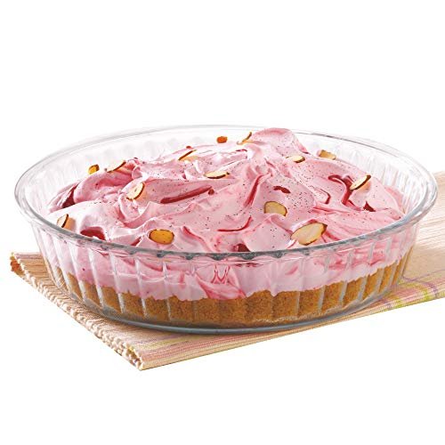 Borosil 1.2 L Baking & Serving Round Shape Fluted Dish | Borosilicate Glass Bakeware and Serveware Tray | Microwave, Oven & Dishwasher Safe Bowl | Transparent