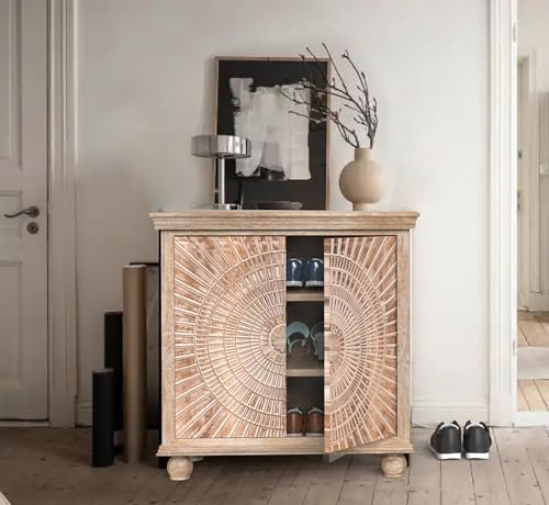 CORSICA DESIGNS Sunburst 2.5FT Wooden Storage Cabinet for Living Room, Bedroom, Dining and Home, Modern Sideboard Organizer Table with Shelving and Shoe Cabinet for Hall and Entryways