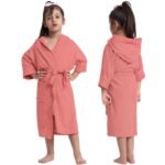 CREEVA Premium Melodious Unisex Hooded Children's Bathrobe - Cozy and Absorbent Robe with Adjustable Belt and Pocket for Kids Ages 8-9 Years (Peachy Pink)