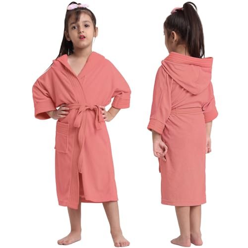 CREEVA Premium Melodious Unisex Hooded Children's Bathrobe - Cozy and Absorbent Robe with Adjustable Belt and Pocket for Kids Ages 8-9 Years (Peachy Pink)
