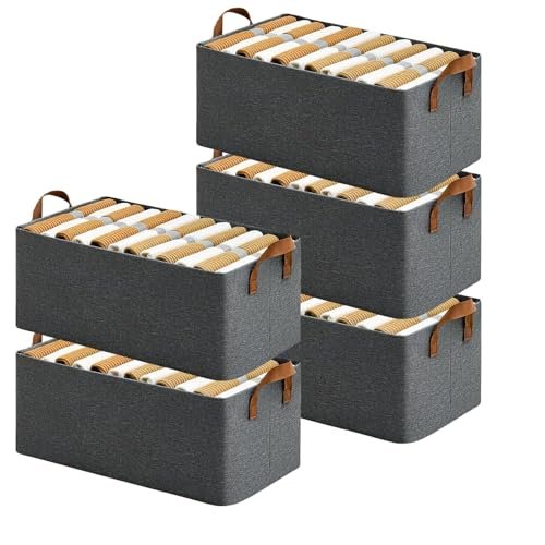 DAREV 5 Pcs Wardrobe Organizer for Clothes with Metal Frame Rectangle Storage Baskets for Clothing Fabric Storage Box with Handles Shelf Basket for Storage Clothes Pants Jeans Sweater (Grey)