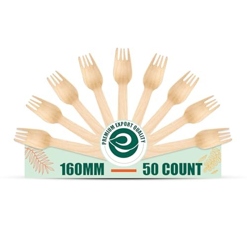 ECO SOUL [160mm, 50 Pack] Disposable Forks | Wooden Dining Flatware | Ideal for Kids Birthday, Wedding & Party