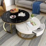 ECONODECOR Modern Marble Round Coffee Table Set of 2 Nesting Tables MDF Top, Luxury Square End Tables with Wooden Drawer Gold Metal Frame (Black & White -Gold)
