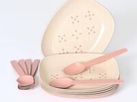 Eha Earth-Friendly Small Snack Serving Plates Set of 6 with Spoons | 6 inch | Small Snack Plates Made with Bamboo Fibers & Rice Husk Fiber | Microwave Safe | Dessert Plates | Innocent