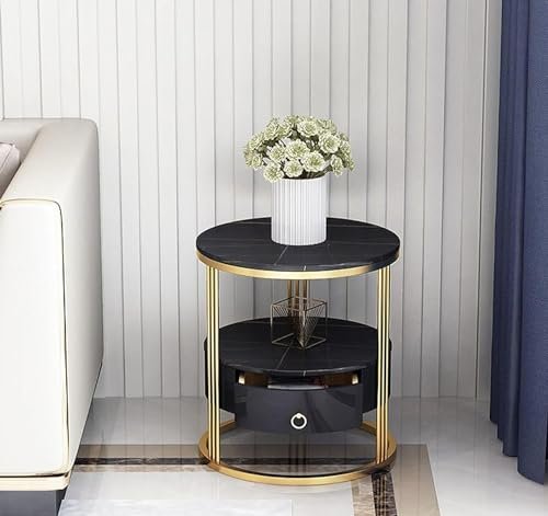 End Table Round Sofa Side Table with Storage Drawer - Modern 2-Tier Marble Look Coffee Table for Living Room Bedroom (Gold Black)