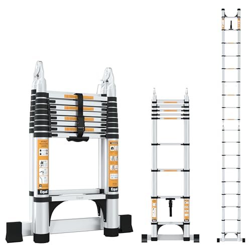Equal 19 FT 2-in-1 Aluminum Telescopic Ladder with 2 Triangle Support & Stabilizers | EN131 Certified with 2 Year Warranty | 150kg Max Capacity | Ladder for Home or Outdoor Work (5.6m/9+9 Step)
