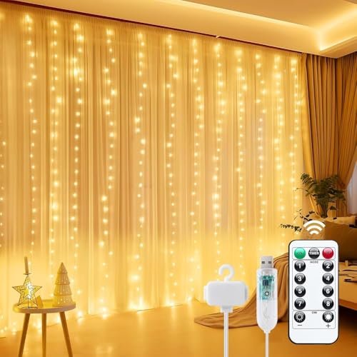 Gesto 5V LED Curtain String Lights with 8 Modes Remote, 300 Leds USB Powered Waterproof Fairy Lights for Room, Wall, Balcony, Wedding, Party & Diwali Decoration,Backdrop Lights (Warm White,9.8x9.8 Ft)