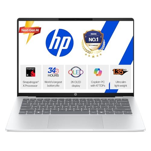 HP OmniBook 5 OLED (Previously Pavilion), Snapdragon X Processor (16GB LPDDR5x, 1TB SSD) 2K, 14''/35.6cm, Win11, M365 Basic(1yr)* Office24, Silver, 1.35kg, he0015QU, Light-Weight, Next-Gen AI Laptop
