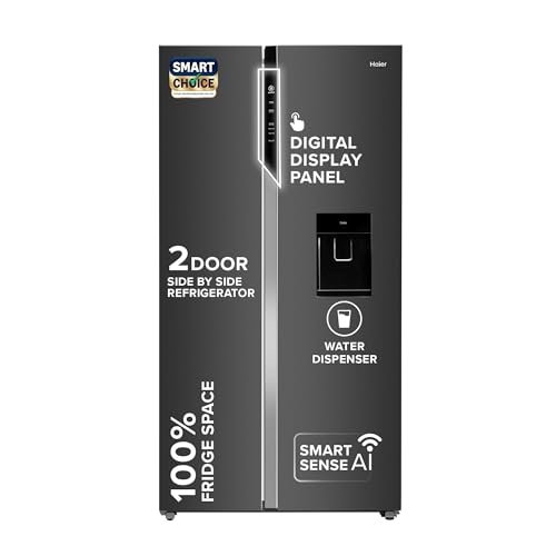Haier SmartChoice 596L 3Star 2-Door Water Dispenser Side by Side Frost Free Refrigerator|Convertible|Smart Sense AI | Expert Inverter|Digital Display Panel (2025 Model, HRS-682WGKU1, Graphite Black)