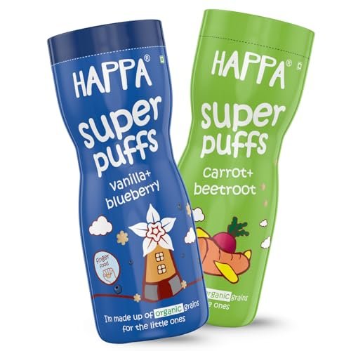 Happa Vanilla Blueberry and Carrot Beetroot Baby Puffs | Melt-in-the-Mouth Finger Food for Babies | Supports Self-Feeding & Baby-Led Weaning | No Artificial Flavours or Colours | Stage 2 (8 Months+) | Pack of 2 (40g Each)