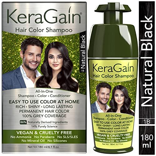 KERAGAIN Hair Color Shampoo (Natural Black,180Ml) PPD Free, Ammonia Free Permanent Hair Colour For Women & Men, |Vegan & Cruelty-Free| Keratin Treatment Included 9Package might Vary)