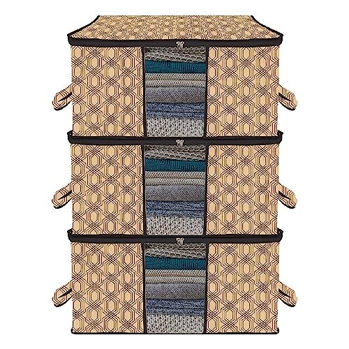 Kuber Industries Underbed Storage Bag | Clothes Storage Organizer | Blanket Cover with Clear Window | Zipper Closure & Handle Cloth Organizer | Check-Design | Large | Pack of 3 | Coffee
