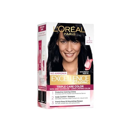 L'Oreal Paris Excellence Creme Triple Care No Ammonia Long-lasting Hair Color, 100% Grey Coverage, Powered by Pro-keratin and French Rose Oil, Shade Black 1, 72ml+100g