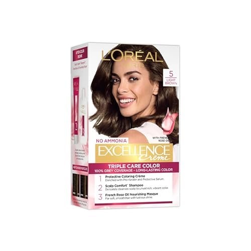 L'Oréal Paris Permanent Hair Colour, Radiant At-Home Hair Colour with up to 100% Grey Coverage, Pro-Keratin, Up to 8 Weeks of Colour, Excellence Crème, 5 Light Brown, 72ml+100g